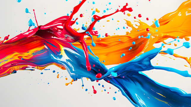 A dynamic and vibrant splash of multicolored paint waves forms an artistic and lively abstract visual on a pristine white background, combining contemporary design with energy and motion