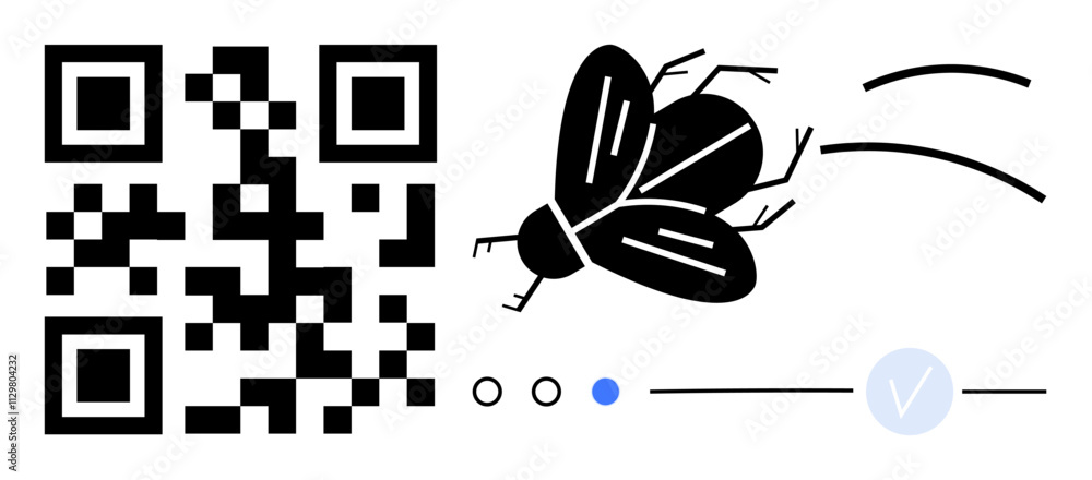 Poster qr code, stylized fly, progress indicators, and verification mark create a clean and modern scene. i