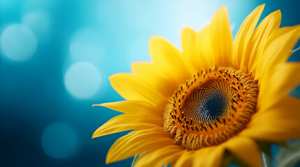 Fototapeta premium A vibrant sunflower radiates beauty against a soft blue backdrop, symbolizing joy and warmth in nature.