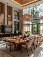 Obraz premium Modern Luxury Dining Room with Elegant Lighting and Floor-to-Ceiling Windows Overlooking a Lush Garden, Featuring a Spacious Wooden Table, Comfortable Chairs and Sophisticated Decor.