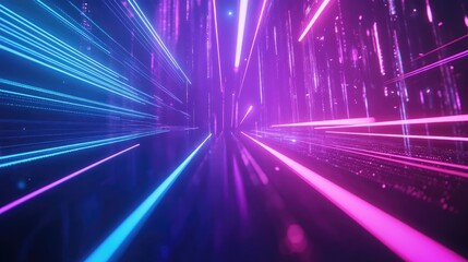 Neon lines rays of light in speed, vertical abstract glowing background. Dynamic effect futuristic cyberpunk digital fast movement bright laser blue purple backdrop, creative cosmic abstract motion.