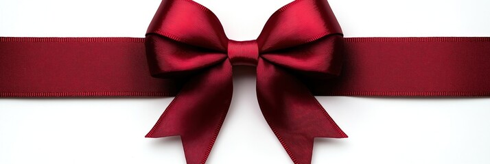 Horizontal maroon ribbon with a decorative bow. Gift wrap element for presents. Elegant and festive design. Perfect for wrapping presents. Use in advertising and product displays.