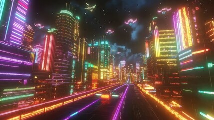 Obraz premium Neon Megacity at Night with Flying Cars Ã¢â‚¬â€œ Futuristic Anime Cityscape