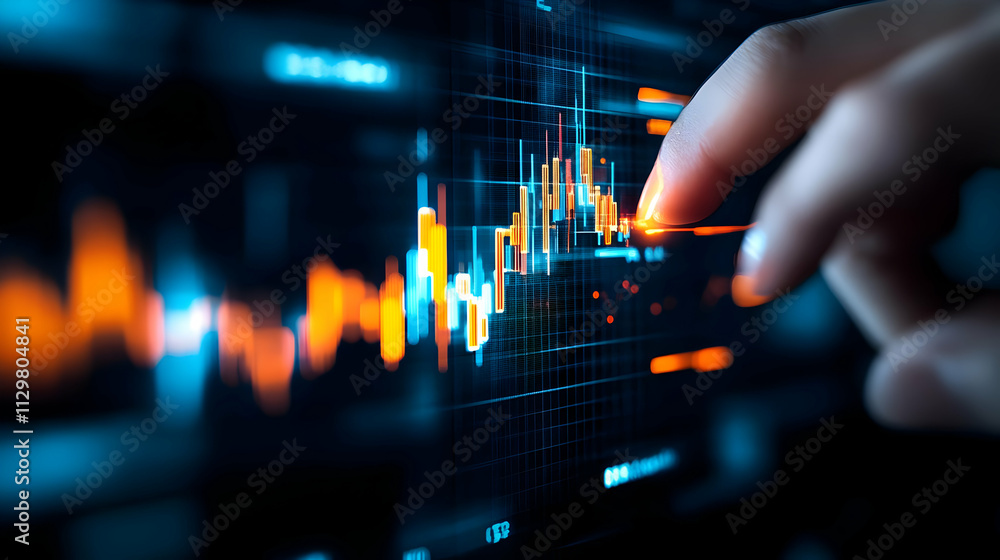 Poster close-up of a hand interacting with digital financial graphs on a screen, depicting data analysis an