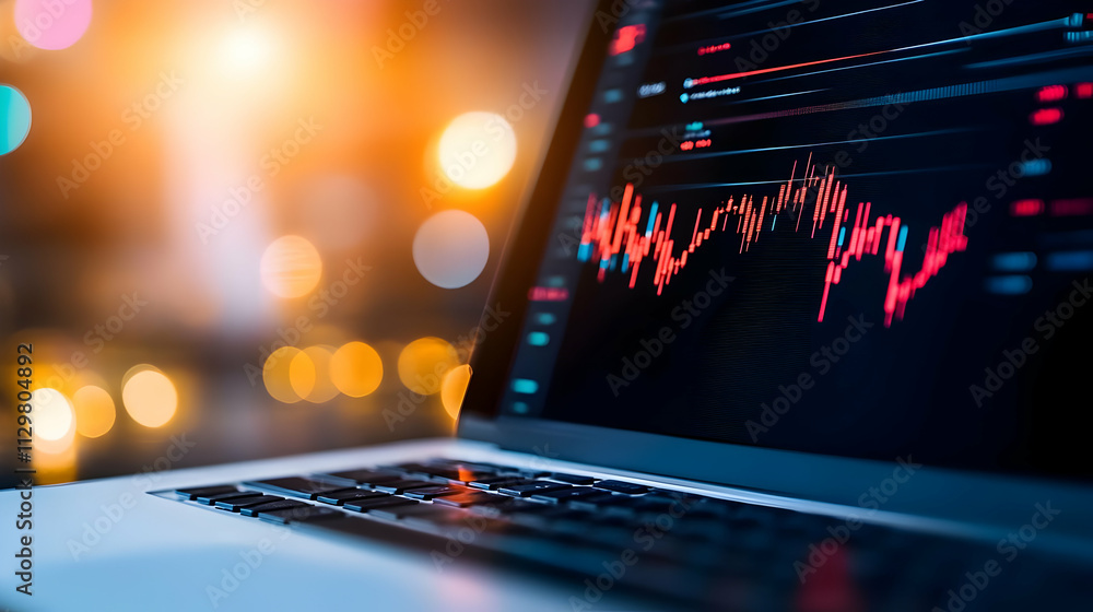 Poster close-up of a laptop displaying financial graphs and data against a blurred background of glowing li