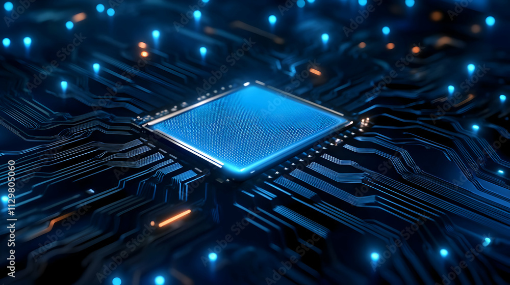 Poster close-up of a modern microchip on a circuit board with vibrant blue lights illuminating the componen