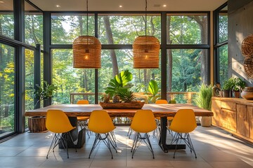 Modern Dining Room with Large Windows Overlooking a Forest. Featuring Yellow Chairs, Wooden Table, Woven Pendant Lights and Indoor Plants Creating a Cozy and Natural Ambiance.