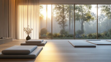 Fototapeta premium Serene meditation space with natural light and greenery