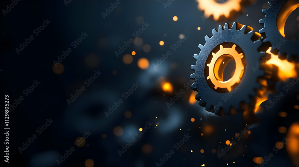 Poster close-up of rotating gears with glowing edges, signaling motion and innovation in engineering and te
