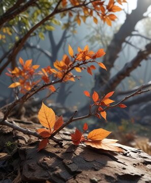 A coloquintes on a branch with dead twigs and leaves, landscape, bird