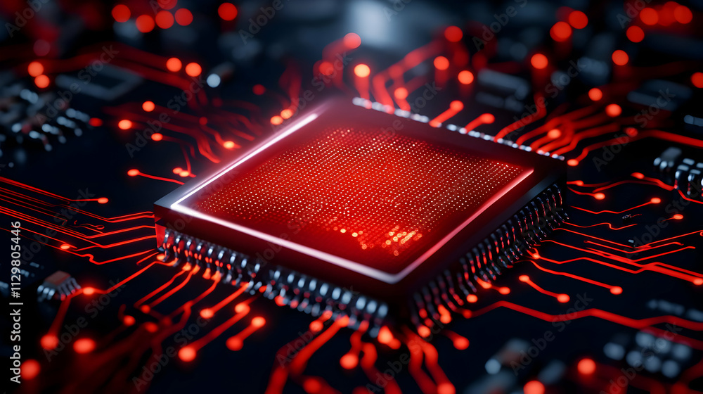 Poster close-up view of a red microchip on a circuit board, showcasing intricate electronic connections and