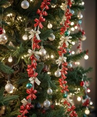 Fototapeta premium A delicate garland made of ribbons and bows adorned with small glass ornaments hanging from the Christmas tree , elegant, winter wonderland, festive