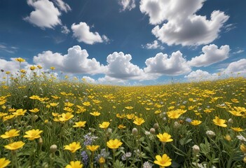 Obraz premium A field of bright yellow wildflowers swaying gently in the breeze beneath a blue sky with fluffy white clouds, sunshine, open landscape, fields