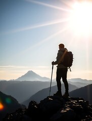 Hiker standing on a mountain peak at sunrise, gazing at a majestic snow-capped summit in the distance. Stunning landscape with golden sunlight, perfect for adventure and exploration themes.

