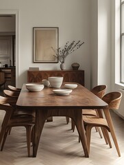Elegant Modern Dining Room with Wooden Furniture. A beautifully designed dining area featuring a sleek wooden table, matching chairs, minimalist decor, and natural light, warm and inviting atmosphere.