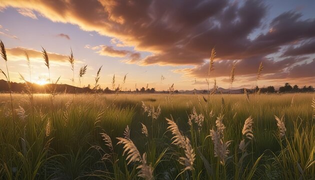 A field of tall grasses sways in the breeze as a group of wispy clouds float above it at sunset, serene atmosphere, rolling hills