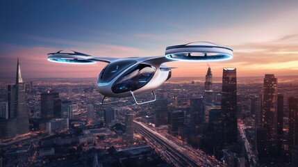 Fototapeta premium Futuristic flying vehicle over a cityscape at sunset