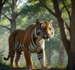 Fototapeta premium A lone Bengal tiger emerges from the trees, its piercing gaze fixed on the distance, outdoor, natural, intense stare