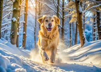 Pittsburgh winter forest: a golden retriever puppy's snowy frolic, captured beautifully.