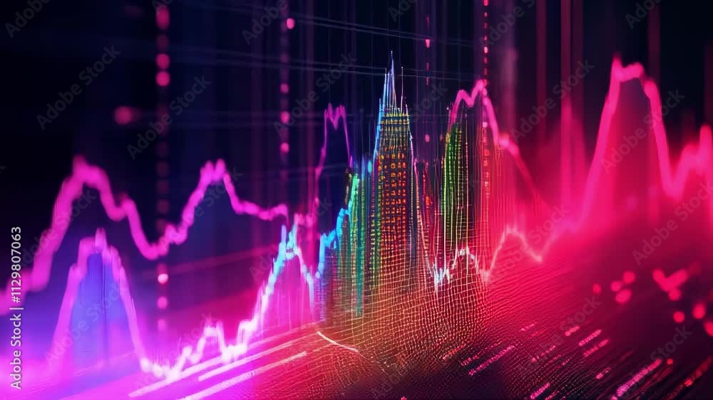 Poster animated stock market data visualized with neon lines and grids. ideal for finance, technology, and 