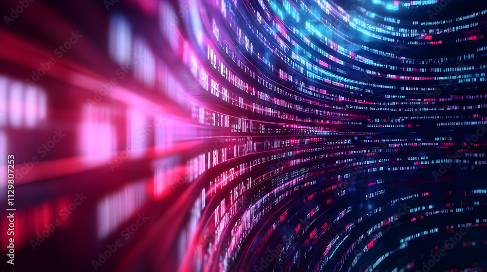 Poster dynamic abstract background with vibrant neon light trails and reflective surfaces creating a futuri