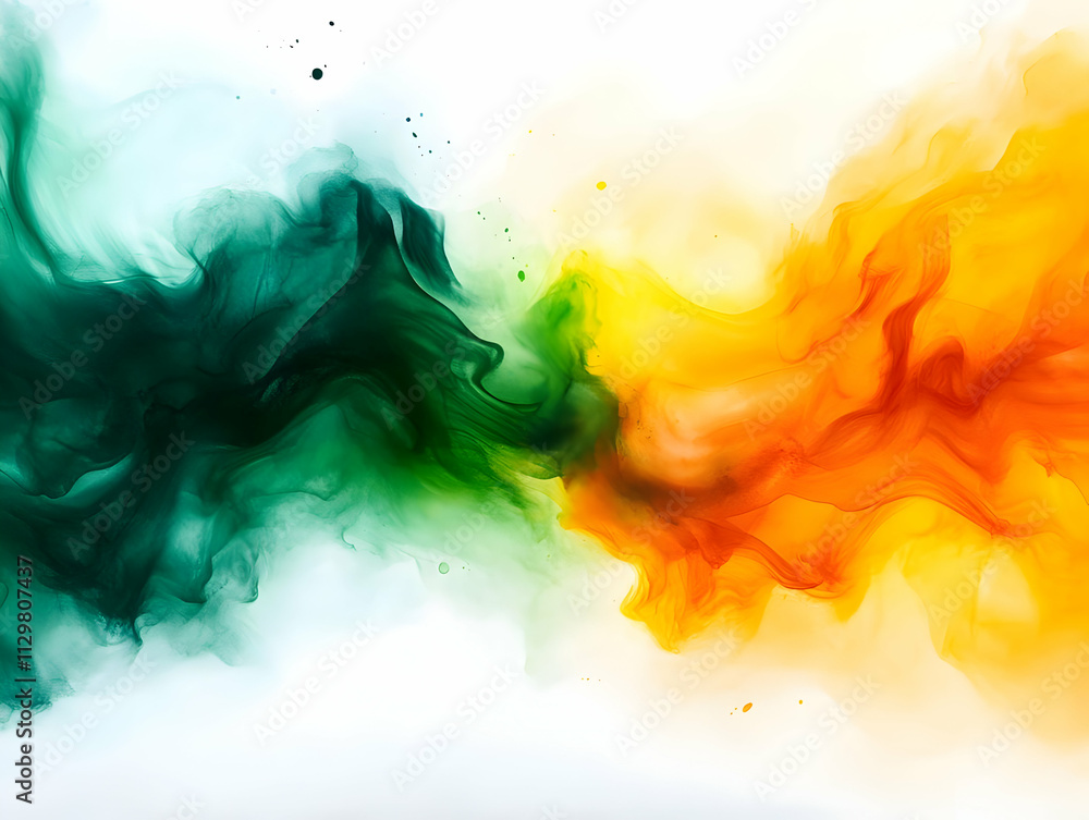 Poster dynamic swirls of green and orange paint merging together in an abstract design, creating an energet
