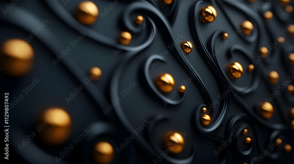 Poster elegant abstract texture of swirling patterns with golden spheres, perfect for backgrounds and desig