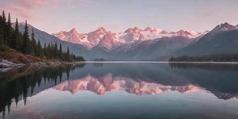 A serene mountain lake in Haines Alaska reflects the soft pink hues of the surrounding peaks, colors, natural light, reflection