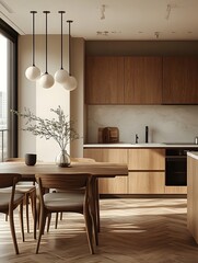 Modern Minimalist Kitchen and Dining Area with Wooden Cabinets, Marble Backsplash, and Elegant Pendant Lighting Overlooking Cityscape.