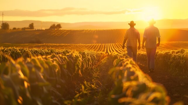 Two farmers walking hand in hand through a sunlit cornfield during sunset, showcasing the beauty of rural life and agriculture.