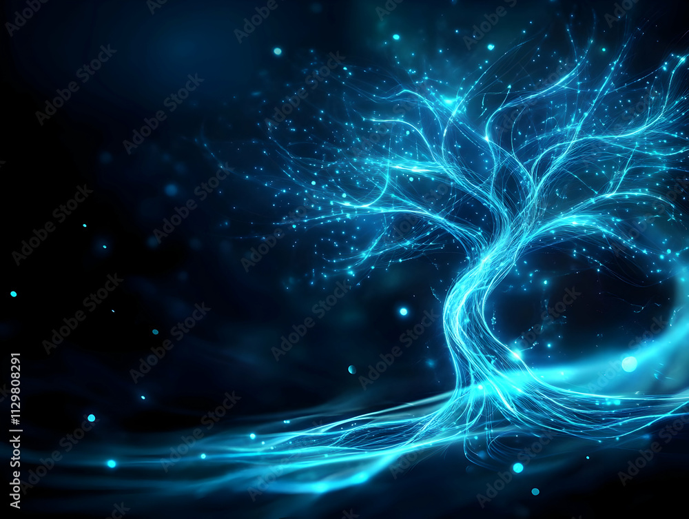 Poster enchanting blue glowing tree with swirling lights, creating a magical and ethereal atmosphere.