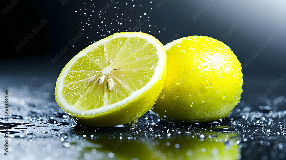 Poster freshly sliced lemon halves with droplets of water creating a refreshing and vibrant appearance.