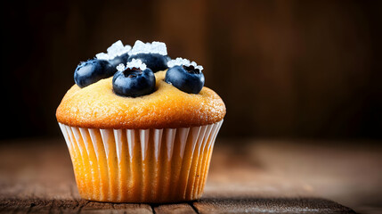 Freshly baked blueberry muffin topped with cream and blueberries, resting on a rustic wooden table, delicious treat.