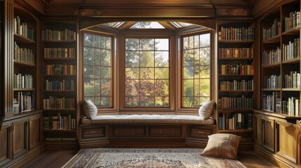 A home library with built-in wooden shelves, a large bay window