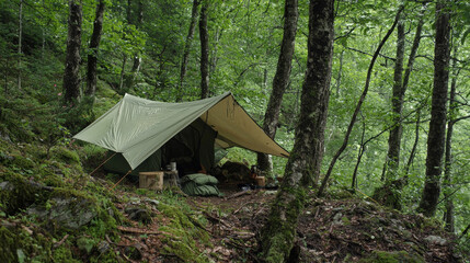 simple tarp shelter nestled among lush green trees, offering tranquility