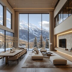 Luxurious Mountain Retreat. A Stunning Living Room with Panoramic Snow Capped Mountain Views, Elegant Chandelier, Cozy Fireplace, and Modern Dining Area.