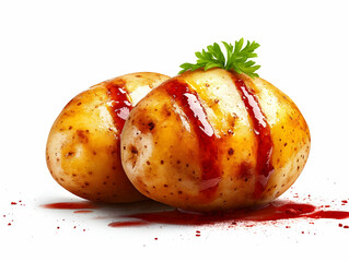 Fresh potatoes garnished with herbs and drizzled with sauce, perfect for culinary themes and delicious recipes.