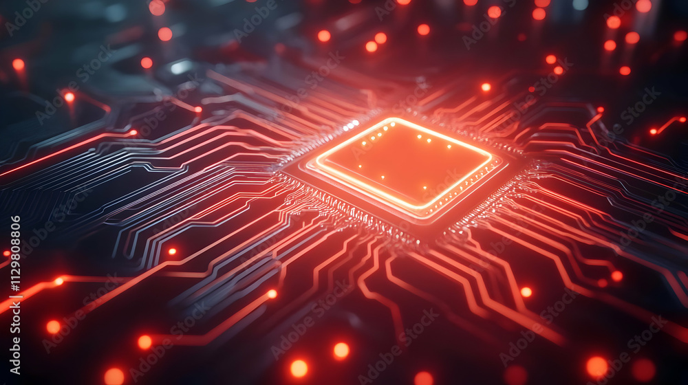 Poster futuristic close-up of a glowing microchip on a circuit board, highlighting advanced technology and 