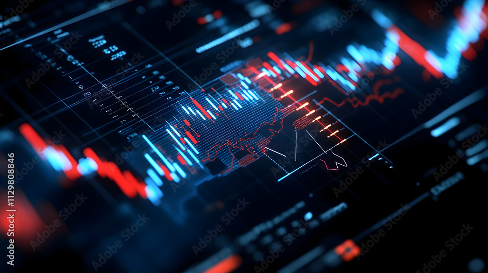 Poster futuristic data visualization on a digital screen showcasing financial statistics and analytics tren