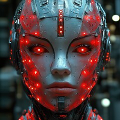 Futuristic Robot Face Illustration with Spiky Features, Cyberpunk Style, Dramatic Lighting, Symmetrical Composition in Red and Metallic Colors