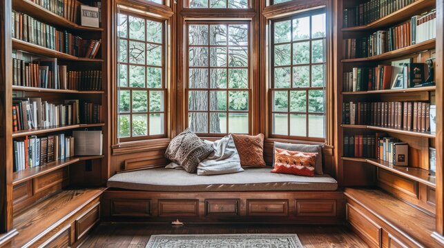 A home library with built-in wooden shelves, a large bay window