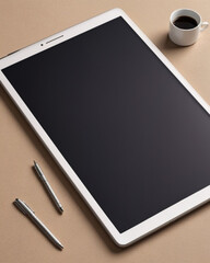 Tablet sobre una mesa junto a una taza de café y varios bolígrafos