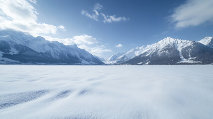 Winter landscape of snow mountain against blue sky. Beautiful nature scenery background.