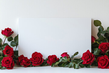 A white blank card in the center for a greeting, invitation, congratulation surrounded by red roses on a white background