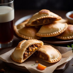 Close-up empanadillas junto a un vaso de cerveza