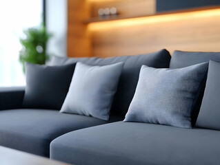 Stylish gray sofa with plush cushions in a modern, minimalist living room creating a cozy and inviting atmosphere.