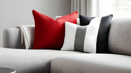 Stylish sofa with decorative pillows in red, black, and white, enhancing modern interior decor.