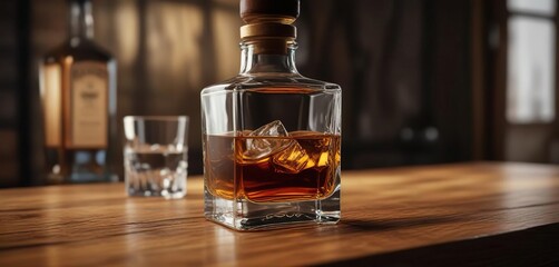 Bottle of whiskey on a wooden table next to a glass of water , drink, liquid, wooden table