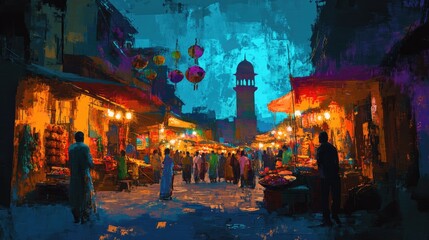 Fototapeta premium Night market at the Indian town in the The Ramadan Festival or festival of colors background. Travel destination and landmark concept. Digital art illustration.