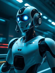 Futuristic humanoid robot with glowing blue eyes and a headset, symbolizing artificial intelligence, customer service, chatbot technology, automation, futuristic innovation, and AI assistance

